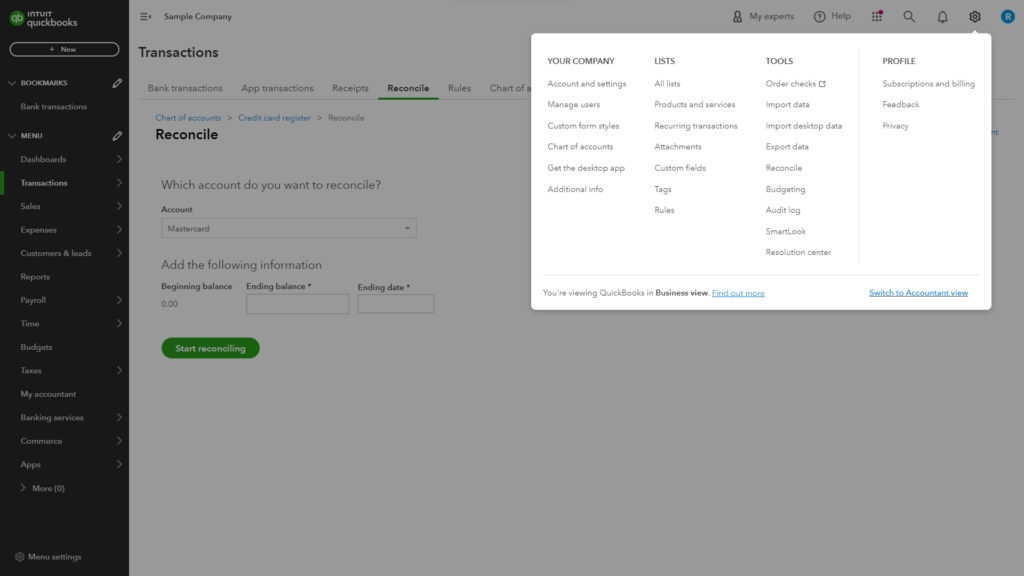 Dialog window for switching to accountant view in QuickBooks Online